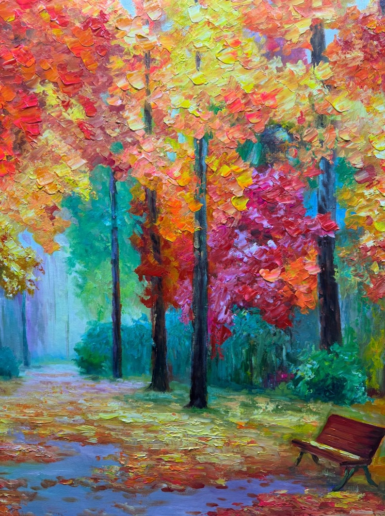 Colorful Autumn Forest Landscape Oil Painting Hand Abstract Boho Style ...