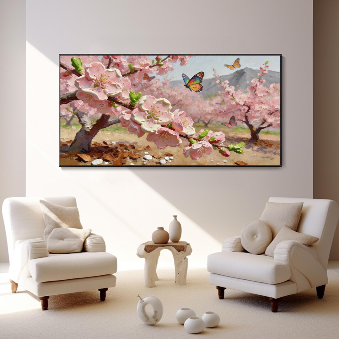 Blooming Pink Cherry Blossom Canvas Oil Painting 3D Hand Cherry Blossom ...