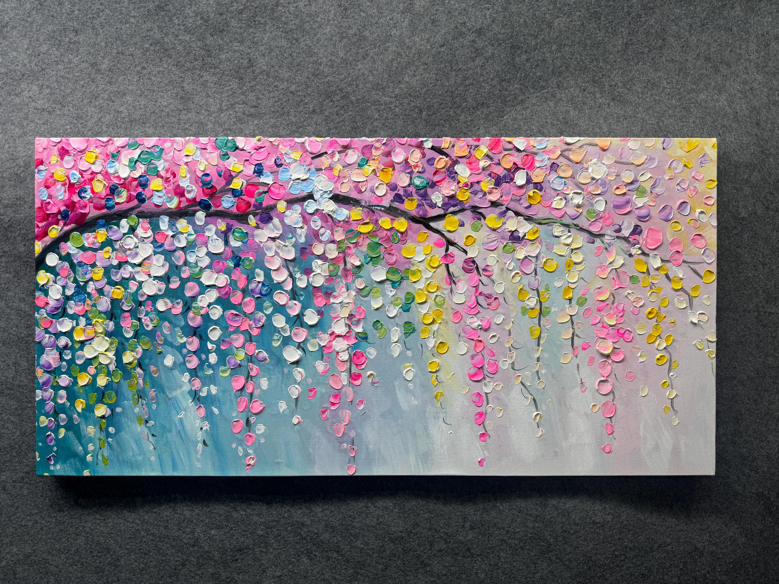 3D Pink Cherry Blossom Canvas Oil Painting Hand Color Flower Landscape ...