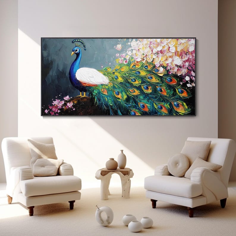 Handpainted Artwork 3D Peacock Oil Painting Large Canvas Wall Art