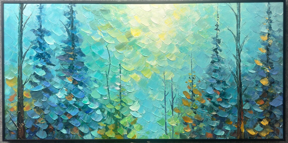 Abstract Serene Forest Landscape Art Natural Blue Plant Handmade ...