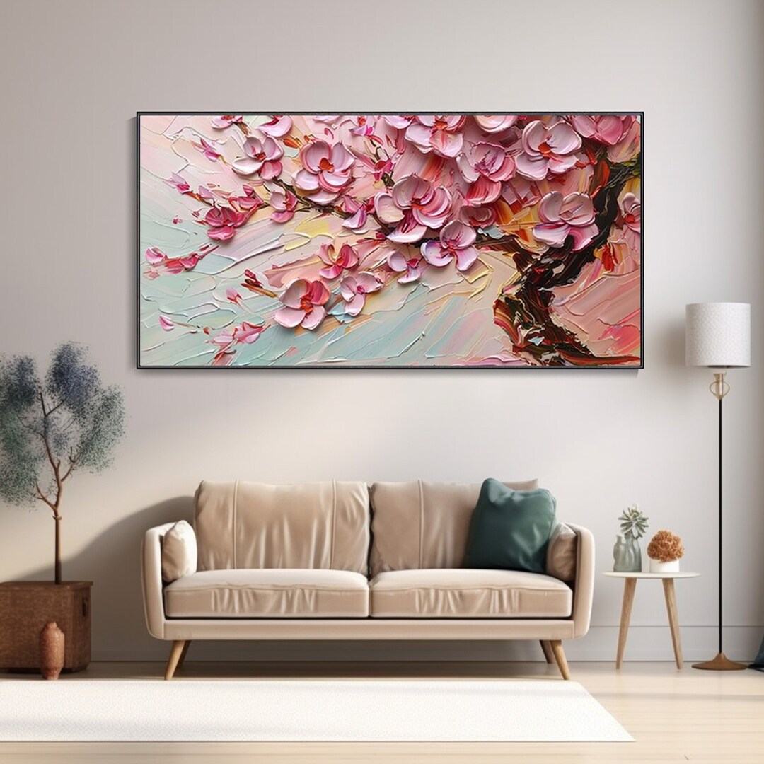 3D Pink Cherry Blossom Canvas Oil Painting Hand Cream Texture Wall Art ...