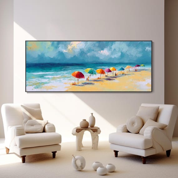 Blue Ocean Landscape Oil Painting Miami Beach Seascape 3D Thick Texture Hand Colorful Umbrellas Surf Theme Original Nature Wall Decor Living