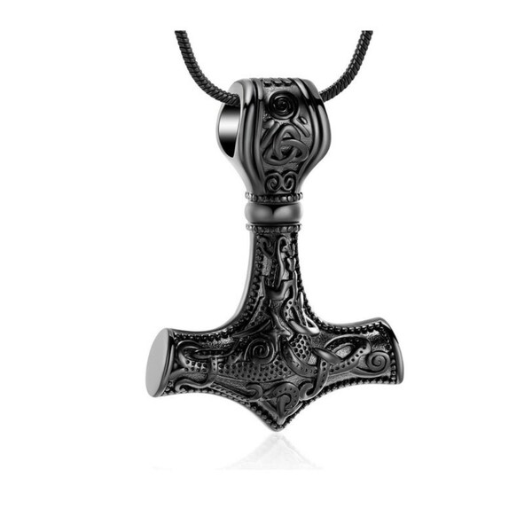 Viking Urn Necklace for Ashes, Black Thor Hammer Urn Necklace, Men's Cremation Jewelry, Cremation Keepsake, Memorial Jewelry for Ashes