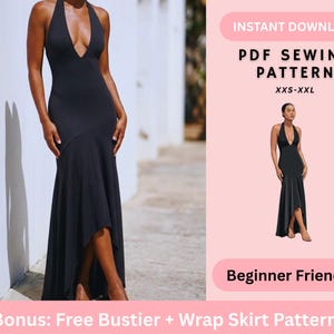 Puede incluir: Un vestido negro con cuello halter y escote pronunciado, con un dobladillo asimétrico. La imagen incluye el texto "INSTANT DOWNLOAD PDF SEWING PATTERN XXS-XXL Beginner Friendly Bonus: Free Bustier + Wrap Skirt Pattern."