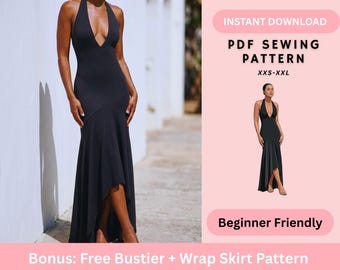 Maxi Dress Sewing Pattern | Halter Neck Hi-Low Flared Hem Dress | Women's Sewing Pattern | Digital Instant Download