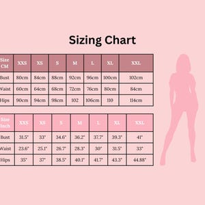 May include: A pink sizing chart with measurements in centimeters and inches. The chart includes bust, waist, and hip measurements for sizes XXS to XXL. A pink silhouette of a person is on the right side of the chart.