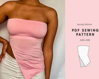 May include: A light pink tube top with an asymmetrical hem. The top is paired with white pants. The image also includes text that reads "Sewing Pattern PDF Sewing Pattern XXS-XXL" and a line drawing of the top.