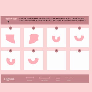 May include: A pink and white diagram with the text "Total Pieces" and cutting instructions. The diagram shows eight numbered sections with pink shapes and a legend for grainline, cut on fold, notches, and gather.