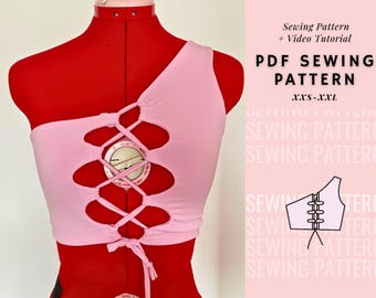 Crop Top Pattern , One Shoulder Top , Easy Beginner Pattern , Y2K Crop Top, Lace Up Crop Top, Women's Sewing Patterns, Women Sewing Patterns