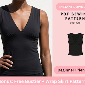May include: A black sleeveless top with a V-neckline and gathered bust detail. The image includes text: INSTANT DOWNLOAD, PDF SEWING PATTERN, XXS-XXL, Beginner Friendly, and Bonus: Free Bustier + Wrap Skirt Pattern, with a black line drawing of the top.