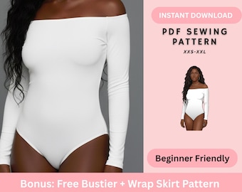 Off Shoulder Long Sleeve Bodysuit PDF Sewing Pattern | Fitted Jersey Bodysuit Easy Beginner Friendly Womens Tops Patterns