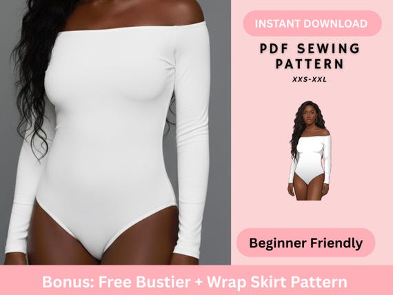 Off Shoulder Long Sleeve Bodysuit PDF Sewing Pattern | Fitted Jersey Bodysuit Easy Beginner Friendly Womens Tops Patterns