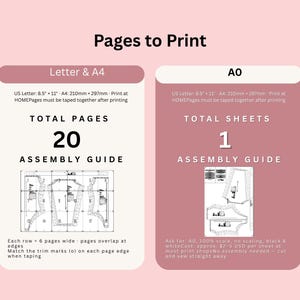 May include: A graphic with the text "Pages to Print" displays instructions for printing sewing patterns. One section details Letter & A4 formats, requiring 20 pages, while the other is for AO format, using 1 sheet. Includes assembly guides.
