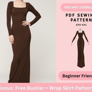 Könnte beinhalten: Ein braunes Maxikleid mit quadratischem Ausschnitt und langen Ärmeln. Das Bild enthält eine PDF-Schnittmustergrafik mit dem Text "SOFORT-DOWNLOAD PDF-NÄH-MUSTER XXS-XXL Anfängerfreundlich".