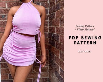 Halter Top + Ruched Skirt Set Sewing Pattern, Womens Sewing Patterns, Set Pattern, Crop to and Skirt Pattern, Beginner Patterns