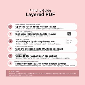Puede incluir: Una gu&iacute;a rosa y blanca para imprimir archivos PDF en capas. Las instrucciones incluyen abrir el PDF, navegar por capas, activar y desactivar tama&ntilde;os e imprimir al 100%. Incluye un consejo para imprimir varios tama&ntilde;os. El texto es claro y f&aacute;cil de leer.