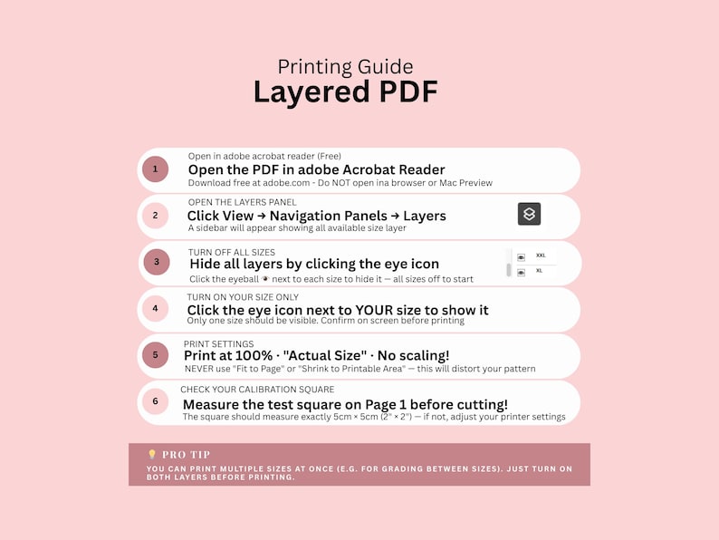 Puede incluir: Una gu&iacute;a rosa y blanca para imprimir archivos PDF en capas. Las instrucciones incluyen abrir el PDF, navegar por capas, activar y desactivar tama&ntilde;os e imprimir al 100%. Incluye un consejo para imprimir varios tama&ntilde;os. El texto es claro y f&aacute;cil de leer.
