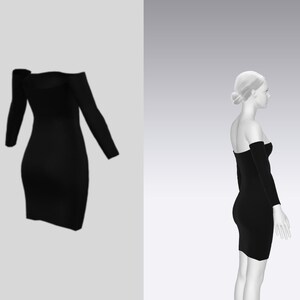 May include: A black off-the-shoulder dress with long sleeves.