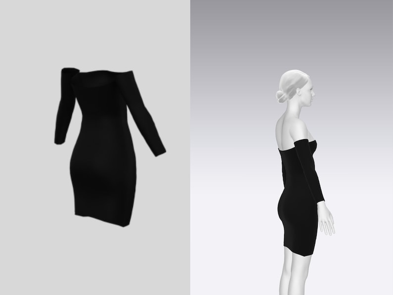 May include: A black off-the-shoulder dress with long sleeves.