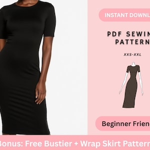May include: A black, short-sleeved dress is shown on a model. The image also includes a PDF sewing pattern graphic with the text "INSTANT DOWNLOAD", "PDF SEWING PATTERN", "XXS-XXL", and "Beginner Friendly". A bonus free bustier and wrap skirt pattern is also included.