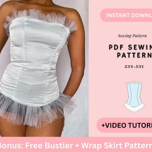 Könnte beinhalten: Ein silbernes Bustier mit Rüschenbesatz und passenden Handgelenkmanschetten. Das Bild enthält auch ein PDF-Schnittmuster für ein Bustier in den Größen XXS-XXL und einen kostenlosen Wickelrock-Schnittmuster-Bonus. Der Text lautet "Sofort-Download".