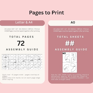 May include: A graphic with the text "Pages to Print" and instructions for printing on US Letter and A4 paper sizes. The image includes details on total pages, assembly guides, and page overlap instructions.