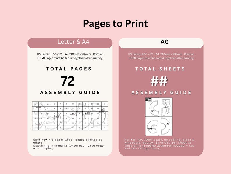 May include: A graphic with the text "Pages to Print" and instructions for printing on US Letter and A4 paper sizes. The image includes details on total pages, assembly guides, and page overlap instructions.