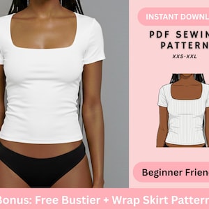 Puede incluir: Se muestra un top blanco con cuello cuadrado y ropa interior negra. La imagen también incluye un patrón de costura PDF para el top, con el texto "DESCARGA INSTANTÁNEA PDF PATRÓN DE COSTURA XXS-XXL Principiante Bonus: Free Bustier + Wrap Skirt Pattern."