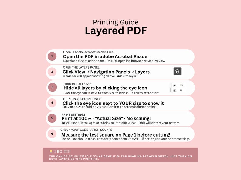 May include: A pink and white printing guide for layered PDF files. Instructions include opening in Adobe Acrobat Reader, opening the layers panel, turning off and on sizes, and printing at 100%. Includes a tip for printing multiple sizes.