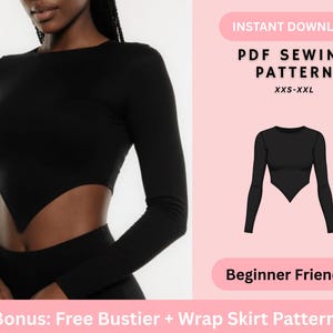 May include: Black long-sleeve top with a unique cut-out design. The image includes a PDF sewing pattern for sizes XXS-XXL, labeled "Instant Download." The pattern is described as "Beginner Friendly" and includes a bonus bustier and wrap skirt pattern.