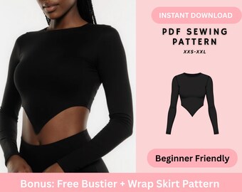 May include: Black long-sleeve top with a unique cut-out design. The image includes a PDF sewing pattern for sizes XXS-XXL, labeled "Instant Download." The pattern is described as "Beginner Friendly" and includes a bonus bustier and wrap skirt pattern.