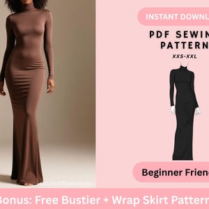 Può includere: Un lungo abito marrone aderente con maniche lunghe e collo alto. L'immagine include anche un modello di cucito PDF per l'abito, disponibile nelle taglie XXS-XXL, ed è adatto ai principianti. Il bonus include un modello gratuito di bustino e gonna a portafoglio.