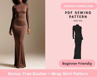 Turtle Neck Dress Pattern, Long Sleeve Maxi Dress Pattern, Womens Dress Patterns, Digital PDF Printable Pattern, Easy/Beginner Friendly