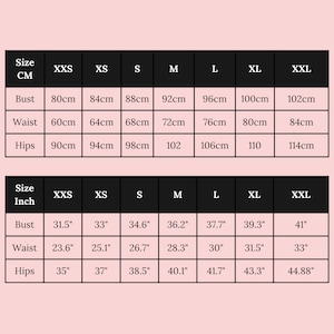 May include: Size chart in inches and centimeters for clothing. The chart shows bust, waist, and hip measurements for sizes XXS through XXL.