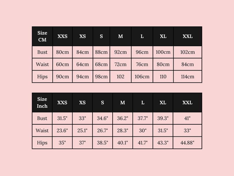 May include: Size chart in inches and centimeters for clothing. The chart shows bust, waist, and hip measurements for sizes XXS through XXL.