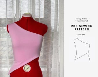 Patrón de blusa de un solo hombro, patrón de blusa asimétrica, patrón de blusa con hombros descubiertos, patrón de blusa Y2K, patrones de blusas para mujer, patrones para principiantes