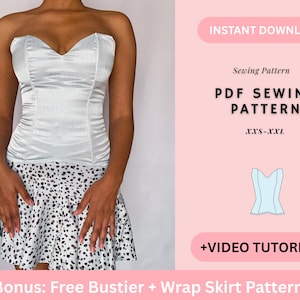 May include: A light blue bustier top and a black and white spotted skirt. The image also includes text that says "INSTANT DOWNLOAD", "PDF SEWING PATTERN", and "+VIDEO TUTORIAL". The pattern sizes are XXS-XXL. Bonus: Free Bustier + Wrap Skirt Pattern.