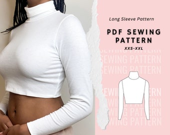 Mönster för långärmad topp med polotröja, mönster för långärmad topp, sömnadsmönster för kvinnor med crop top, sömnadsmönster för nybörjare, digitalt PDF-utskrivbart mönster