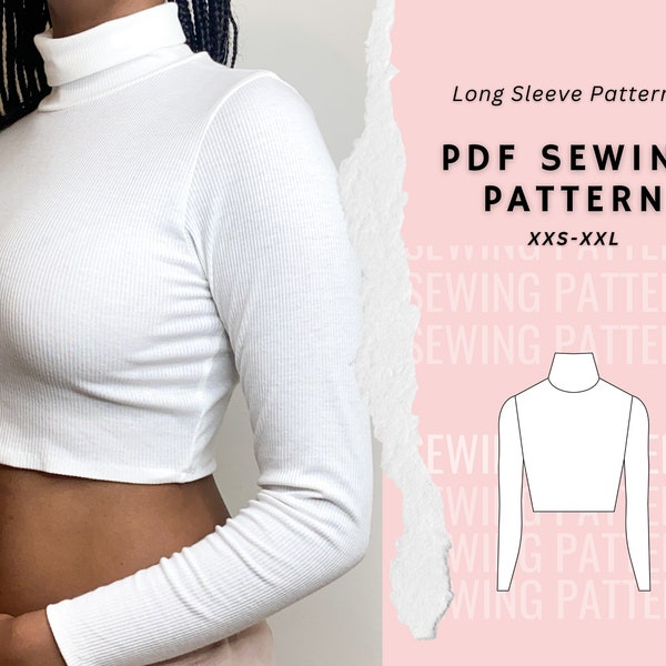 Turtle Neck Crop Top Pattern, Long Sleeve Top Pattern, Women Crop Top Sewing Pattern, Beginner Sewing Pattern, Digital PDF Printable Pattern