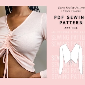 Crop Top Sewing Pattern, Drawstring Top Pattern, Long Sleeve Top Pattern, Womens Tops Pattern, PDF Print Pattern, Beginner Sewing Pattern
