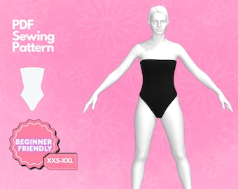 May include: A black strapless swimsuit sewing pattern. The pattern is beginner friendly and available in sizes XXS-XXL. The pattern is shown on a white mannequin.