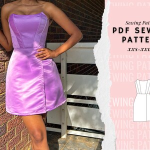 Patrón de costura de vestido con minifalda cruzada y bustier sin espalda con cordones para mujer, patrón de costura digital en PDF fácil y simple para principiantes, tamaño A4 y carta