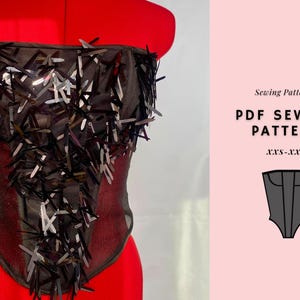 May include: A black corset with silver accents is displayed on a red dress form. The corset is made of a sheer material and is embellished with rectangular silver pieces. Text on the right reads "Sewing Pattern PDF Sewing Pattern XXS-XXL".