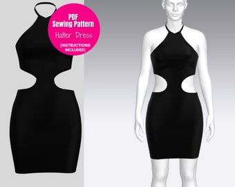 Halter Dress Sewing Pattern| Mini Dress Pattern| PDF Bodycon Dress Pattern| Sizes XXS-XXL| A4, A0, Letter