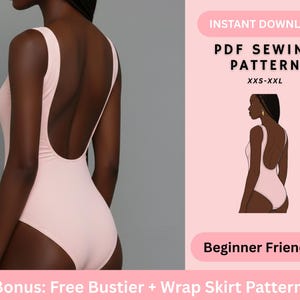 Puede incluir: Un body de color rosa claro con la espalda baja. La imagen también incluye el texto "DESCARGA INSTANTÁNEA PATRÓN DE COSTURA PDF XXS-XXL" y "Para principiantes". También se incluye el texto "Bonus: Free Bustier + Wrap Skirt Pattern".