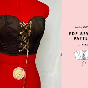 May include: A brown corset top with gold-colored chain detailing, displayed on a red dress form. The image includes text that reads "PDF Sewing Pattern" and size range "XXS-XXL".