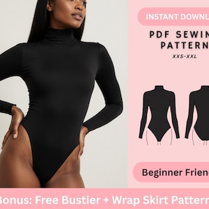 Peut inclure: Un body noir à col roulé et manches longues. L'image présente un patron de couture PDF pour les tailles XXS-XXL, avec la mention "Téléchargement instantané". Le patron est "Facile pour débutants" et comprend un patron gratuit de bustier et de jupe portefeuille.