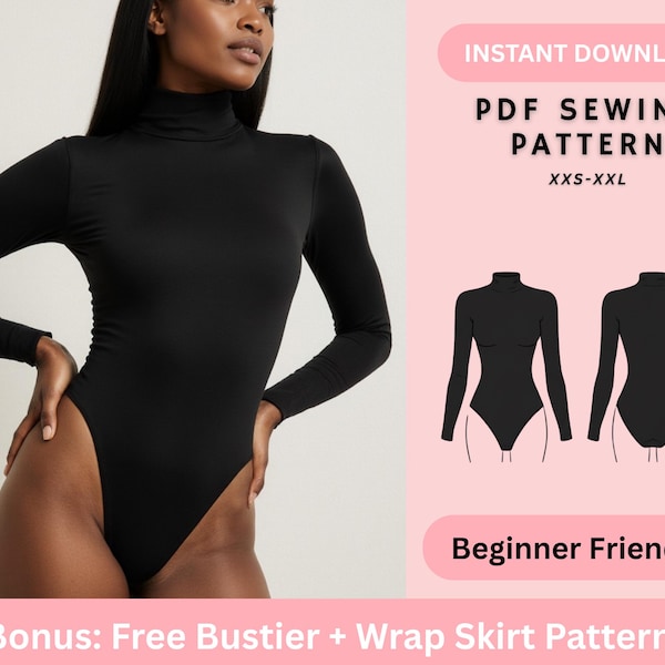 Turtle Neck, Long Sleeve Bodysuit, Leotard, Shapewear, Women's Top Patterns, Beginner Friendly, PDF Patterns