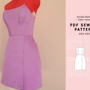 May include: A PDF sewing pattern for a strapless dress with a fitted bodice and a skirt that falls to the mid-thigh. The pattern includes sizes XS-XXL and comes with a video tutorial.  "Sewing Pattern + Video Tutorial PDF Sewing Pattern XS-XXL Sewing Pattern Sewing Pattern Sewing Pattern Sewing Pattern Sewing Pattern Sewing Pattern"
